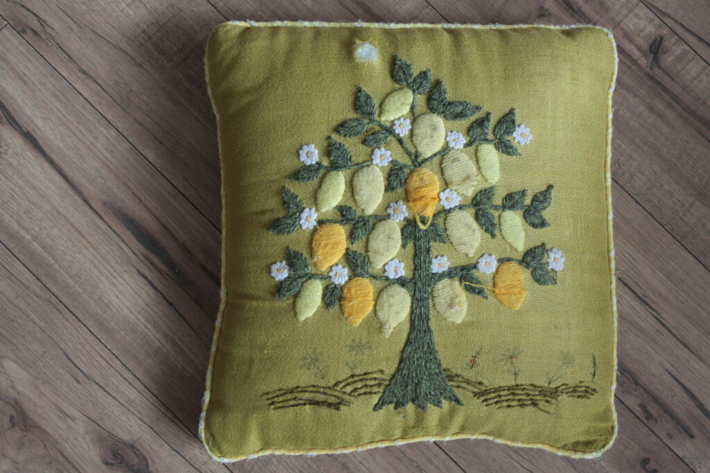 value of family
decorative pillow, hand embroidered lemon tree