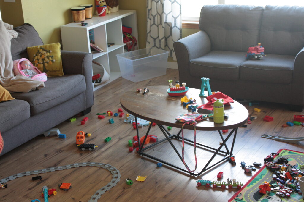 messy living room, toy organization in living room