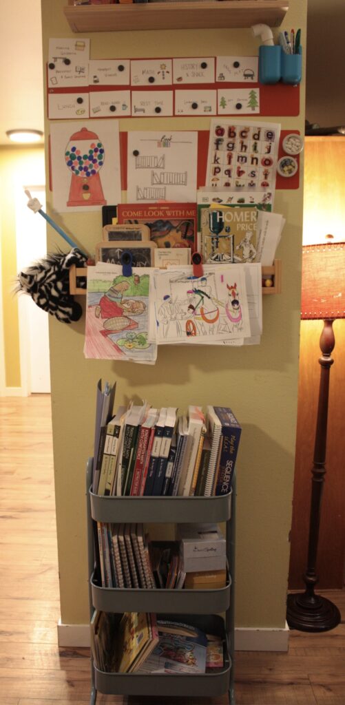 homeschooling in a small space, homeschool wall display